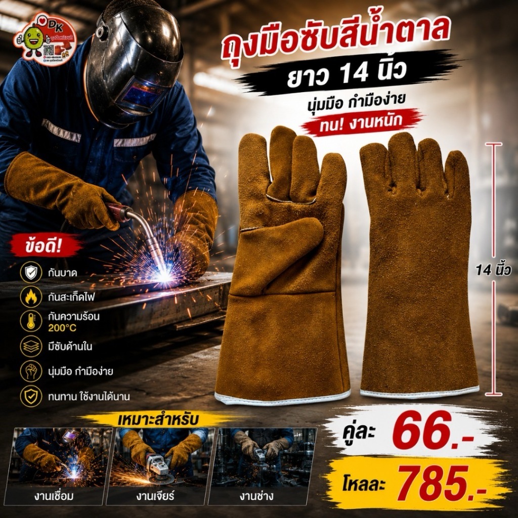 DK054 ถุงมือซับสีน้ำตาล ยาว 14 นิ้ว (ราคาต่อคู่)