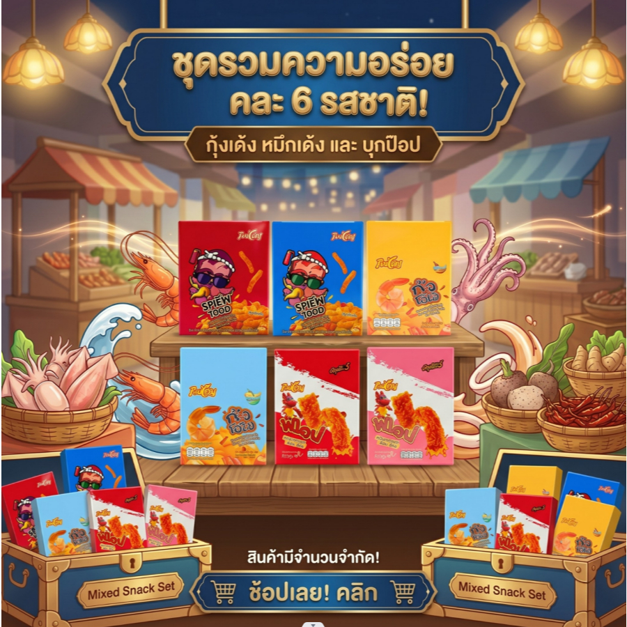 ตะกร้าคละรสขายดี Jialong ซีฟู้ด & บุกป๊อป (1 ลัง 12 กล่อง 144 ชิ้น) ◆ รวม 6 รสยอดนิยม อร่อยคุ้ม