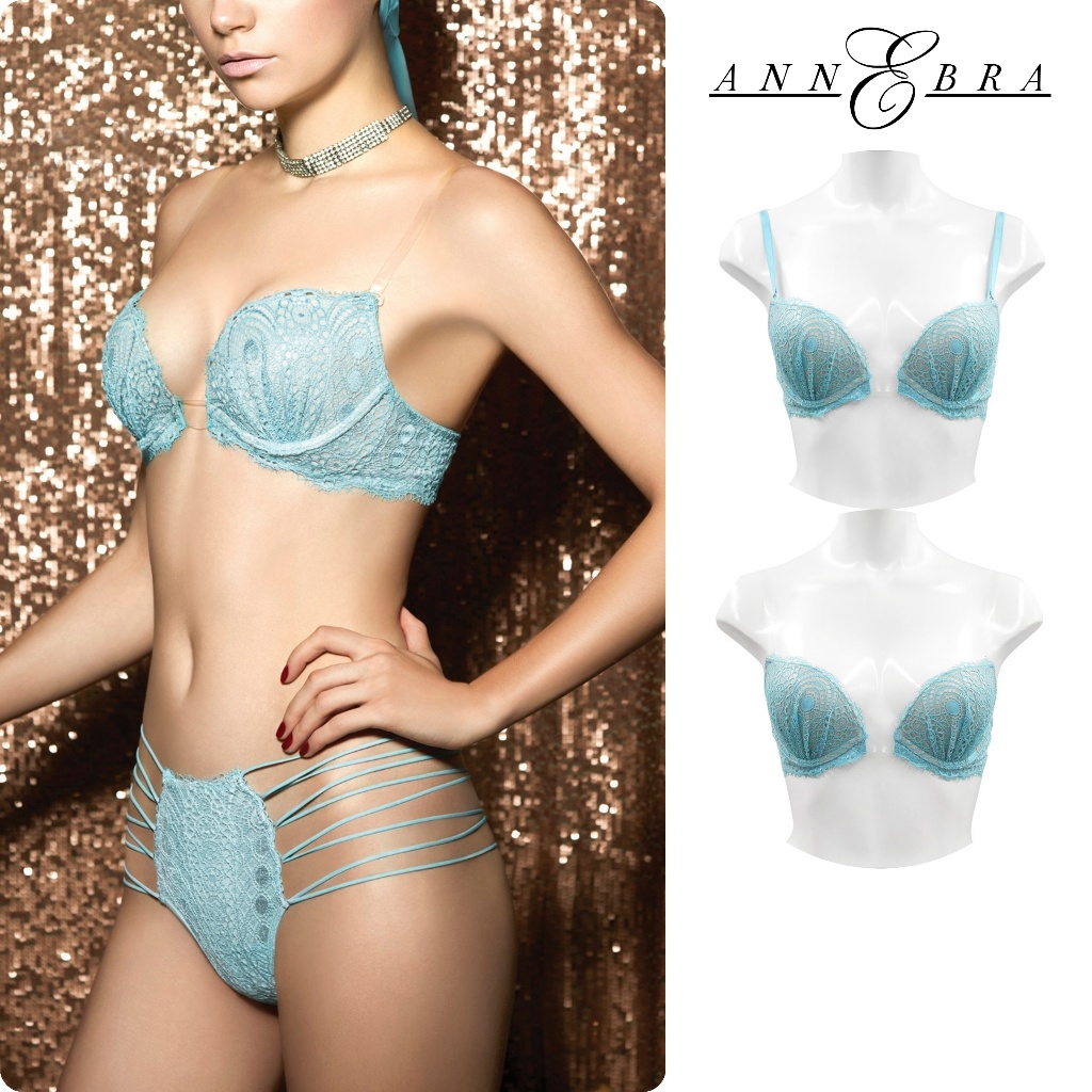 Annebra บราเสริมทรง ตะขอหลัง คอวี มีโครง เสริมฟองน้ำ Push Up Mold Bra Bloom Up รุ่น AB1-577 สีฟ้า