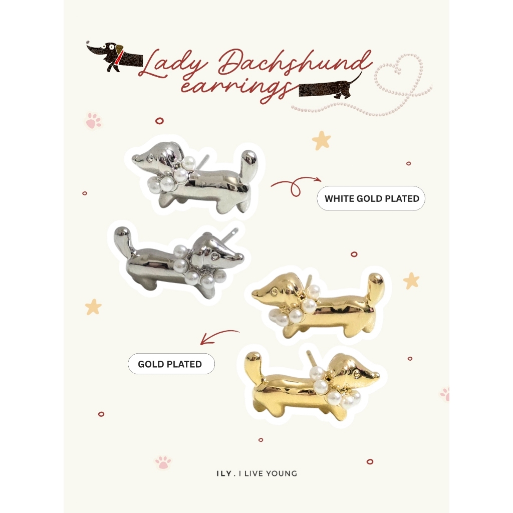 ILY - ต่างหูหมาดัชชุน รุ่น Lady Dachshund สุดคิ้ว ต่างหูก้านเงิน ตัวเรือนชุบทอง18K ไม่ดำ ขนาดกำลังดี