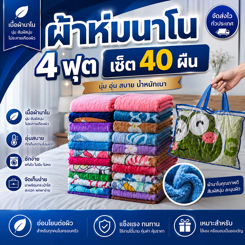 [เซ็ต40ผืน]ผ้าห่มนาโน 4 ฟุตลายการ์ตูนคละลาย ราคาส่งจากโรงงาน
