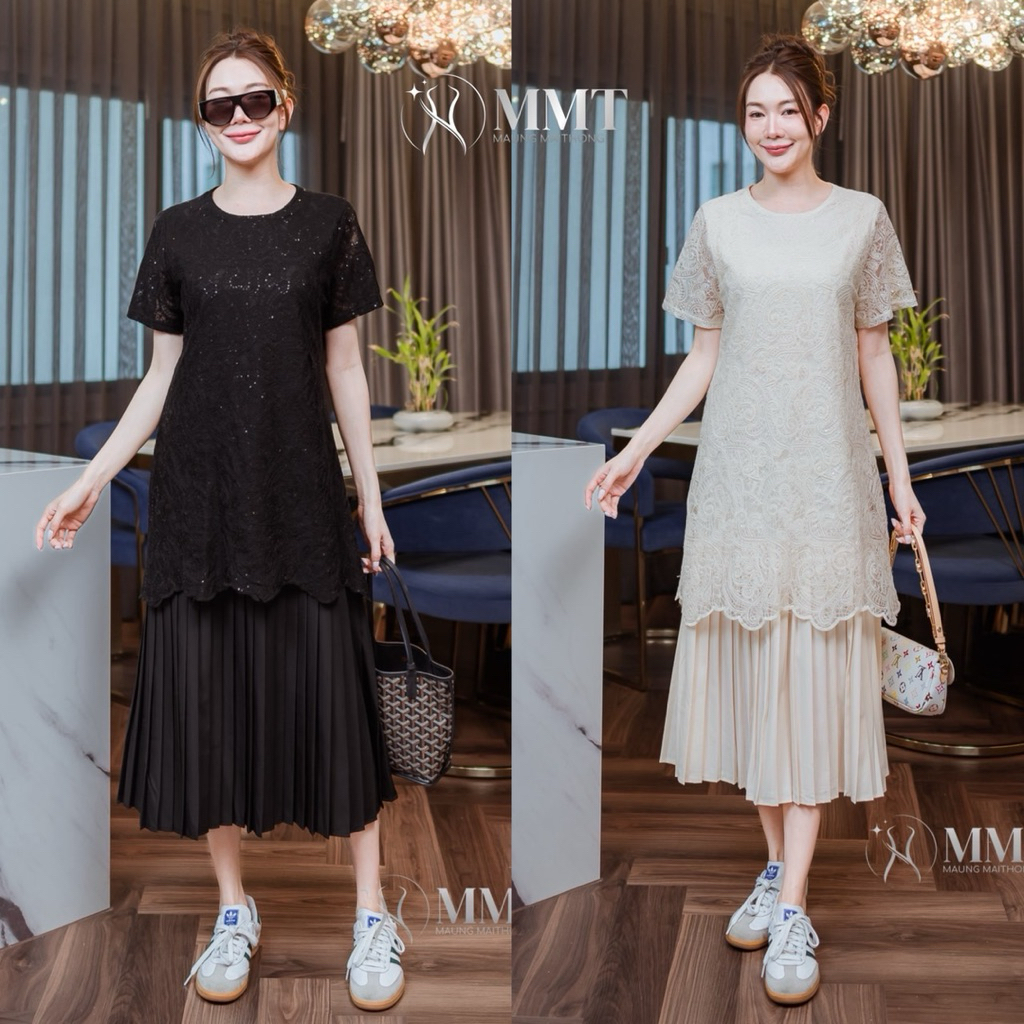 Lace Patch Pleat Maxi Dress