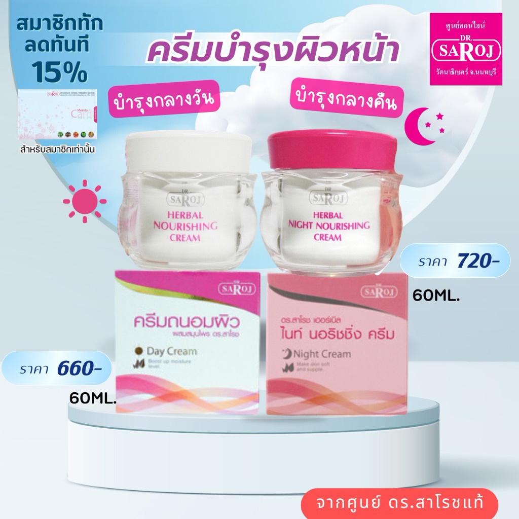 ดร.สาโรช ชุดบำรุงผิวหน้าชุดถนอมผิวกลางวันกลางคืน ขนาดใหญ่ 60g. หลังผลัดเซลล์ ส่งฟรี