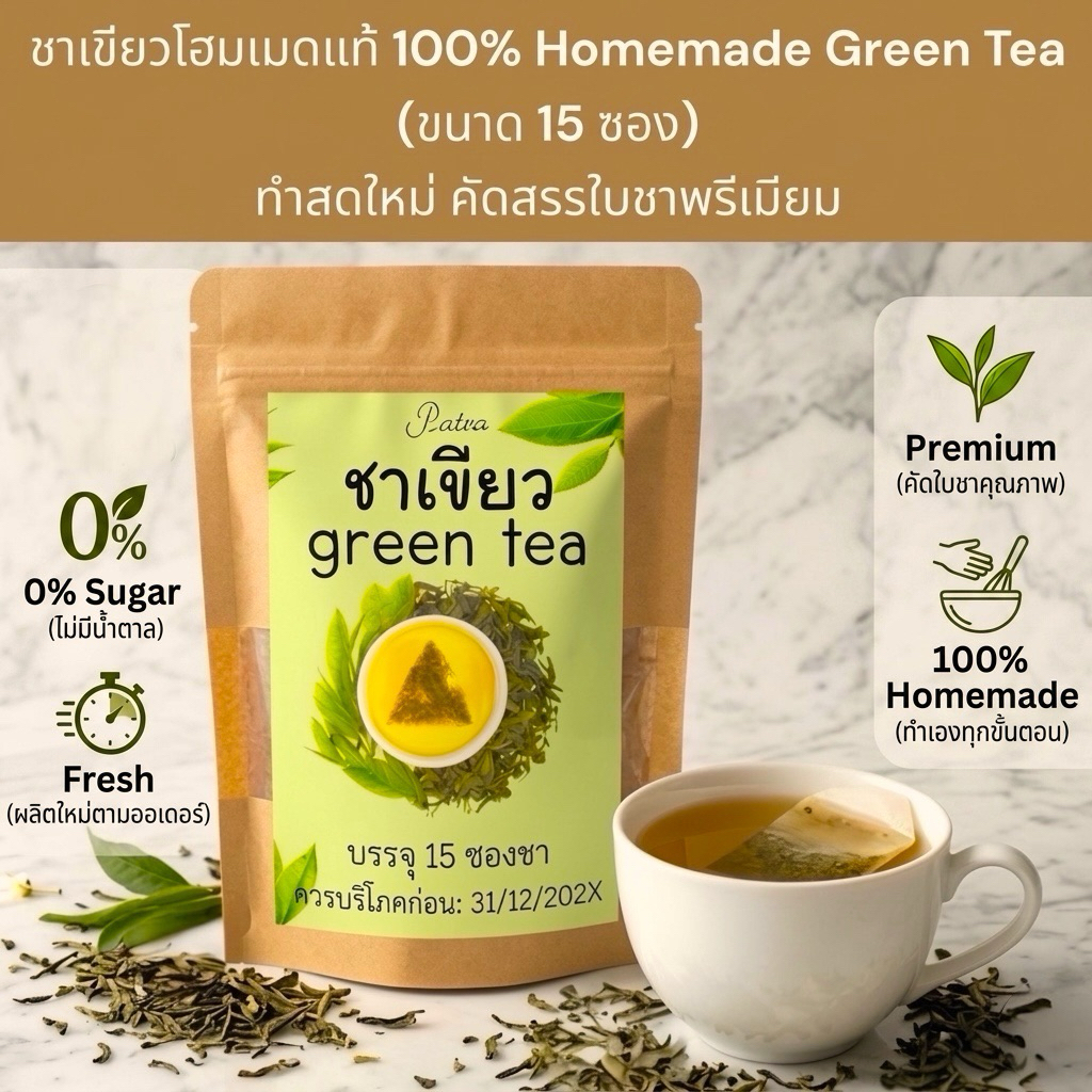 ชาเขียวโฮมเมดแท้ 100% Homemade Green Tea (ขนาด 30 ซอง) ทำสดใหม่ คัดสรรใบชาพรีเมียม