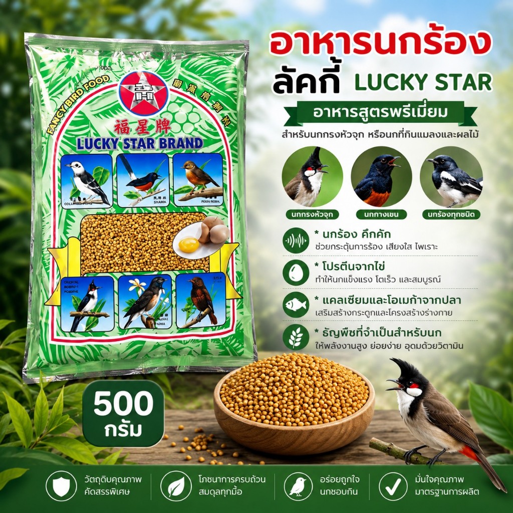 แพค 2 ซอง（Luckyลัคกี้) อาหารนกหัวจุก นกกางเขน นกขุนทอง (ขนาด 500 กรัม)