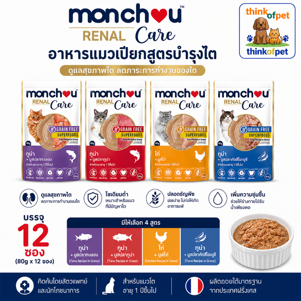 Monchou Renal อาหารแมว ดูแลและถนอมไต Kidney Care 80g x 12ซอง สำหรับแมวสุขภาพดี