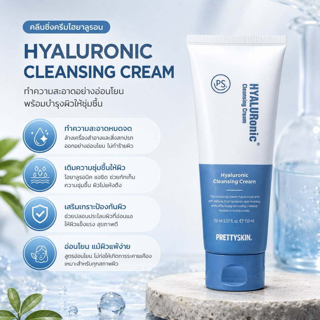 โฟมล้างหน้า PRETTYSKIN Hyaluronic Cleansing Cream ทำความสะอาดผิวอย่างอ่อนโยน เติมความชุ่มชื้น ผิวนุ่มไม่แห้งตึง