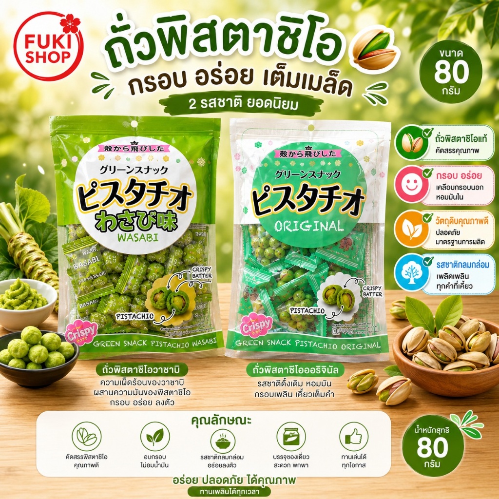 ถั่วพิสตาชิโอ และถั่วพิตาชิโอวาซาบิ ขนาด 80 กรัม นำเข้าจากญี่ปุ่น ของแท้💯%