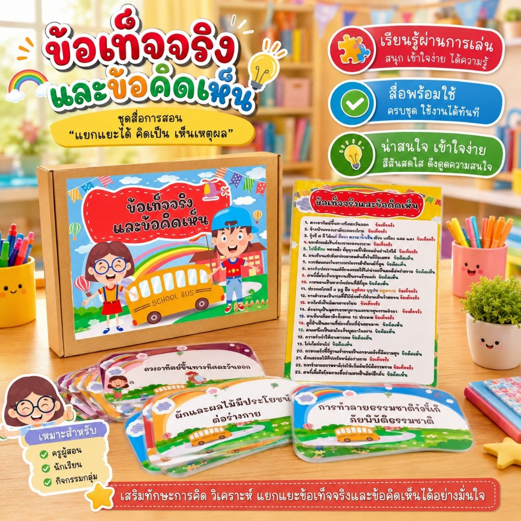 สื่อการสอนวิชาภาษาไทย การ์ดเกมถามตอบ ข้อเท็จจริงและข้อคิดเห็น A5