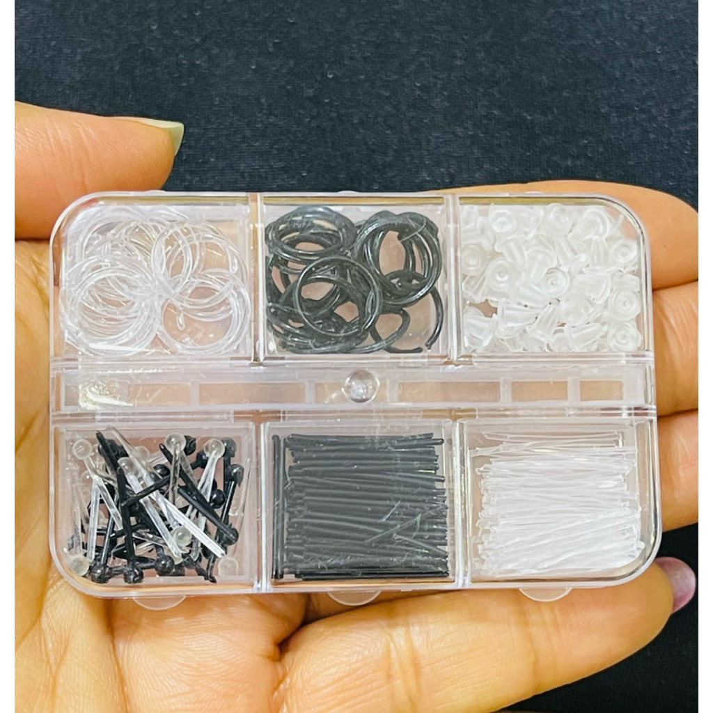 Set box 6in 1 ส่งจากไทยต่างหู ก้านใสใส่หูกันตัน ก้านใส+ก้านดำ+ก้านสีรวม+ห่วงใส+ห่วงดำ+แป้นยางทับหลัง ในกล่องเดียวคุ้มมาก