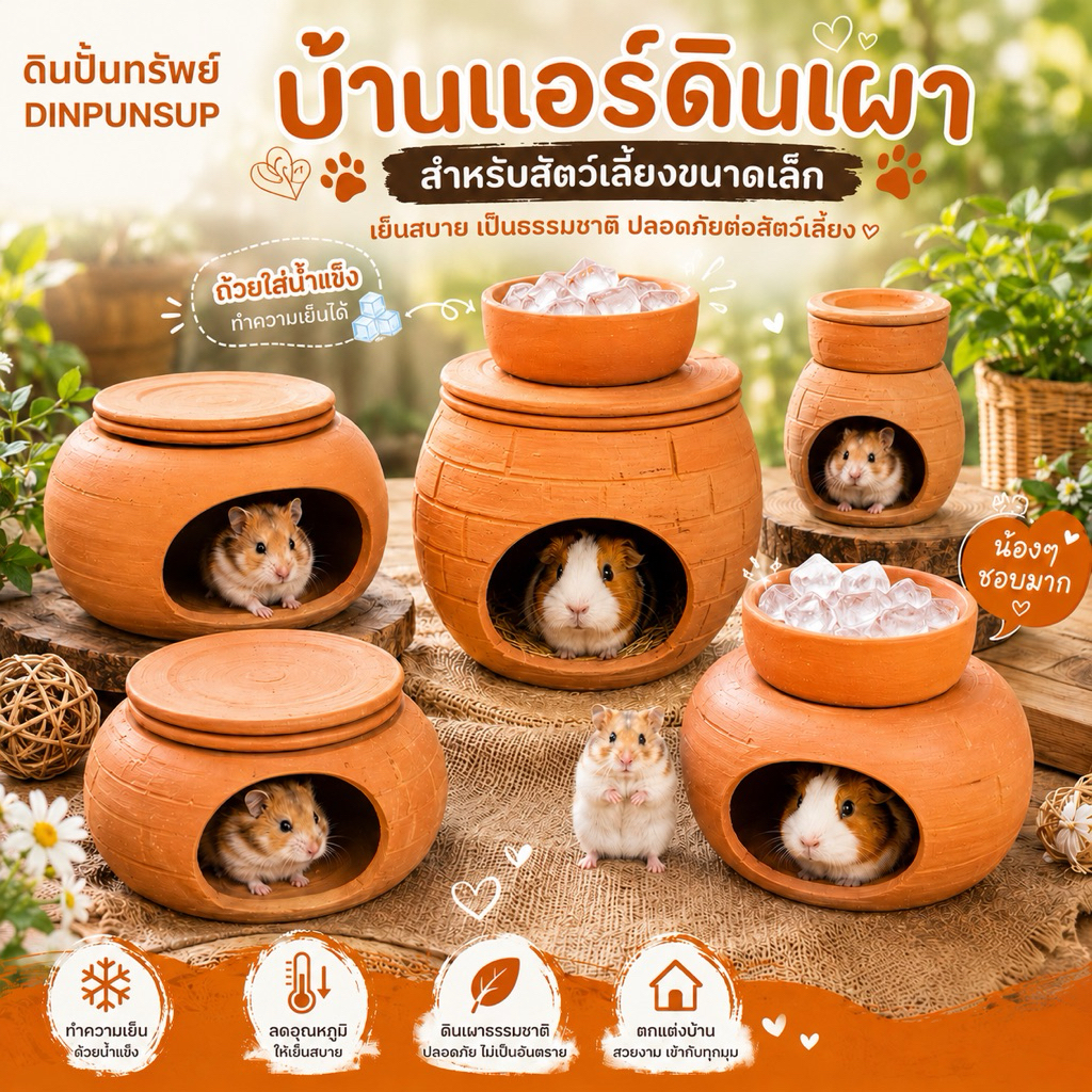 บ้านแอร์ ถ้ำแอร์ดินเผา ขนาด 6-7-8-9-10-12 นิ้ว มี 3 ชิ้น  (ใส่น้ำแข็งทำความเย็นด้านบน) สำหรับสัตว์เลี้ยง