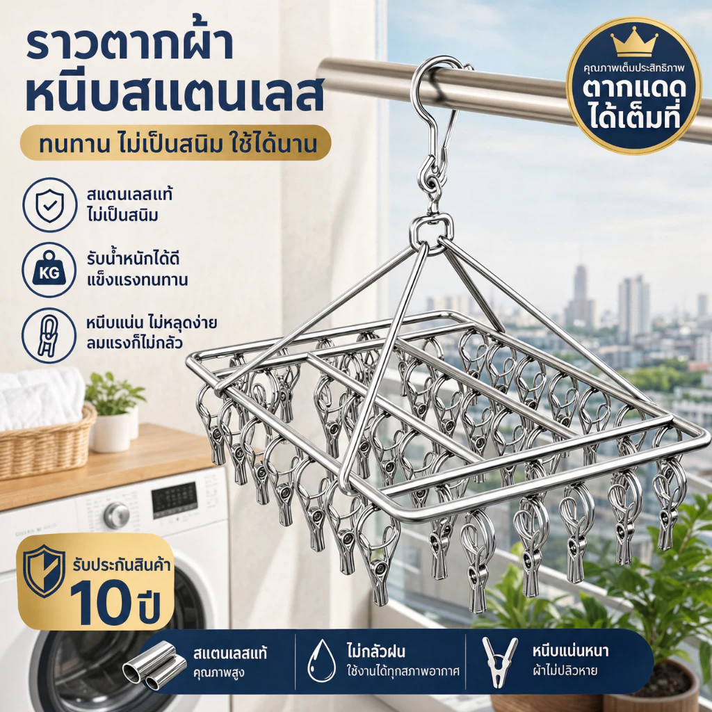 ราวหนีบผ้าสแตนเลส40/26 ราวตากผ้าเหล็ก ไม้แขวนเสื้อ แบบเหลี่ยม หมุนได้รอบ360องศา แข็งแรงทนทาน