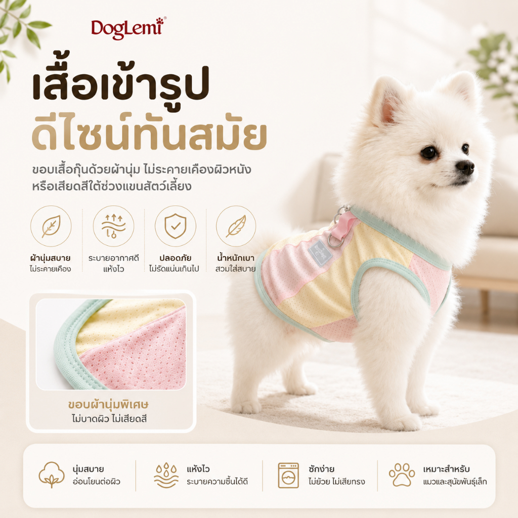 เสื้อกั๊กสัตว์เลี้ยง เสื้อกั๊กสุนัข-แมว สีพาสเทล พร้อมห่วง D-ring ใส่สบาย ไม่ร้อน