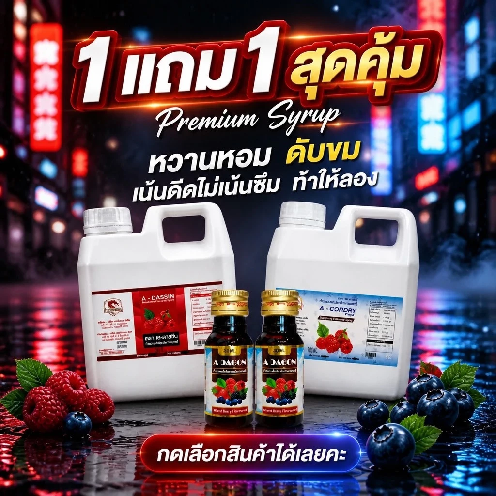 สุดคุ้ม 1 แถม 1 น้ำหวานเข้มกลิ่นราสเบอรี่ ขนาด 1000ML