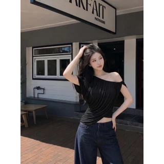 (พร้อมส่ง ดำ น้ำตาล) Mira Drape เสื้อคอกว้างใส่เปิดไหล่ได้ - 10076 TAG WG.WE 🇰🇷