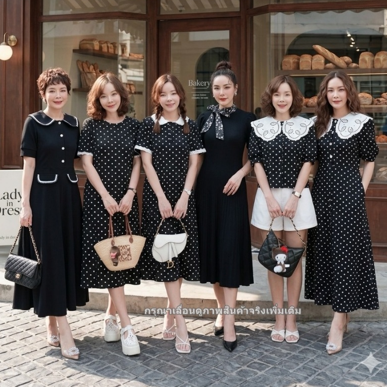 S-XL เดรสสีดำ ลายจุดวินเทจ เดรสทำงานสีดำ เดรสผ้ายืดสีดำ ใส่สบาย สาวอวบใส่ได้