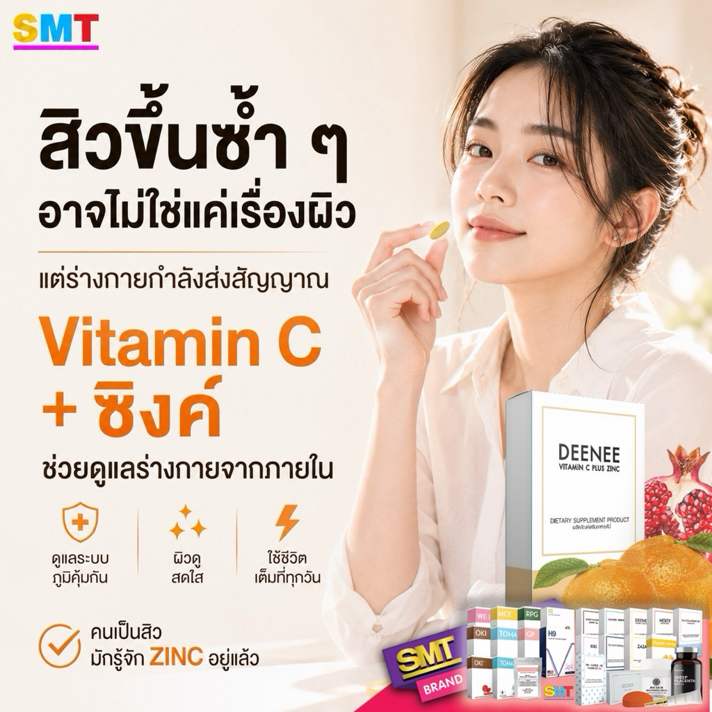 DEENEE Vitamin C Zinc วิตามินซี ซิงค์ สิว ลดรอยสิว ลดสิว ผิวขาว 30 เม็ด สูตร USA