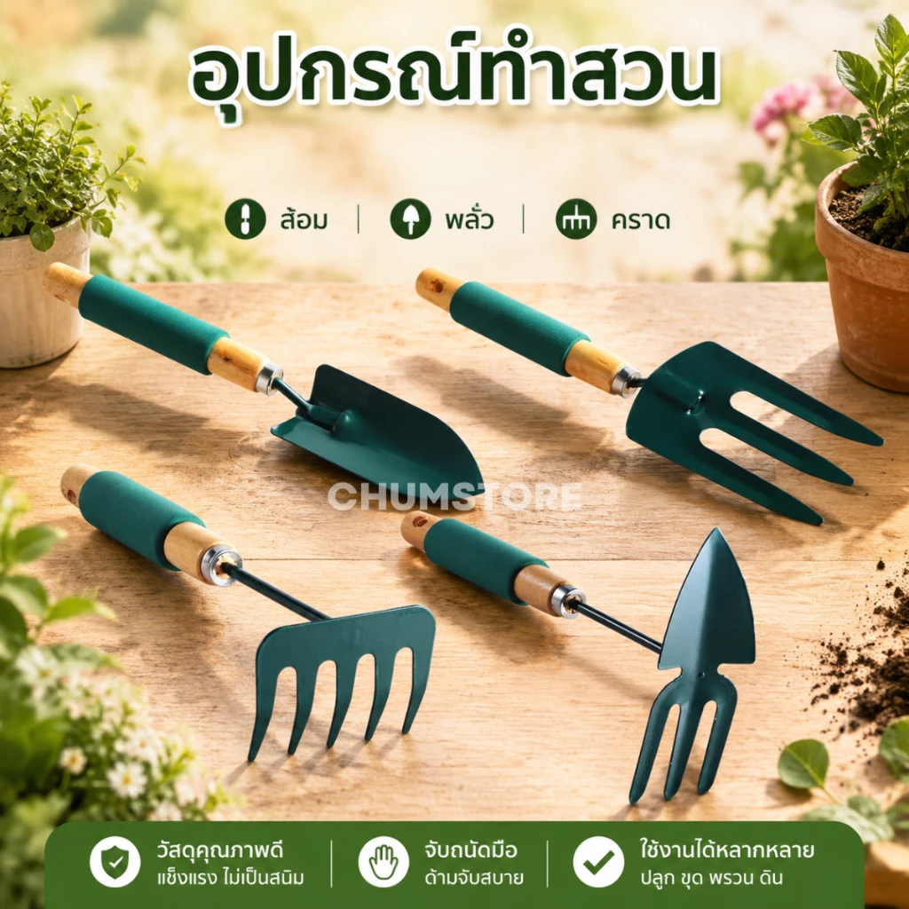 ส้อมพรวนดิน พลั่ว คราด เสียมขุดดิน 37cm. ปลูกต้นไม้ ด้ามจับไม้หุ้มยาง ตักดิน อุปกรณ์ทำสวน จอบ