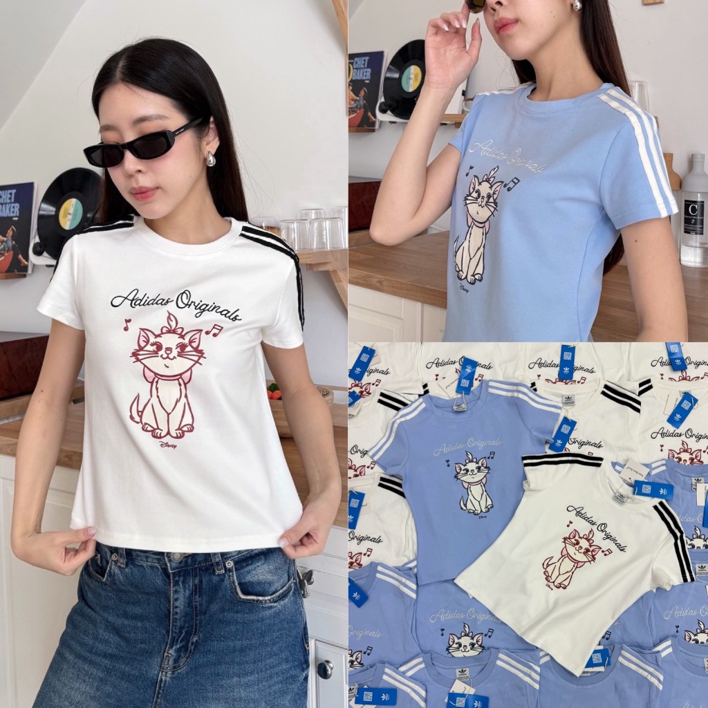 🍊 VL 5313 เสื้อทรงพอดีตัว ลายน้องแมว แต่งสามแถบ ผ้าดีใส่สบาย