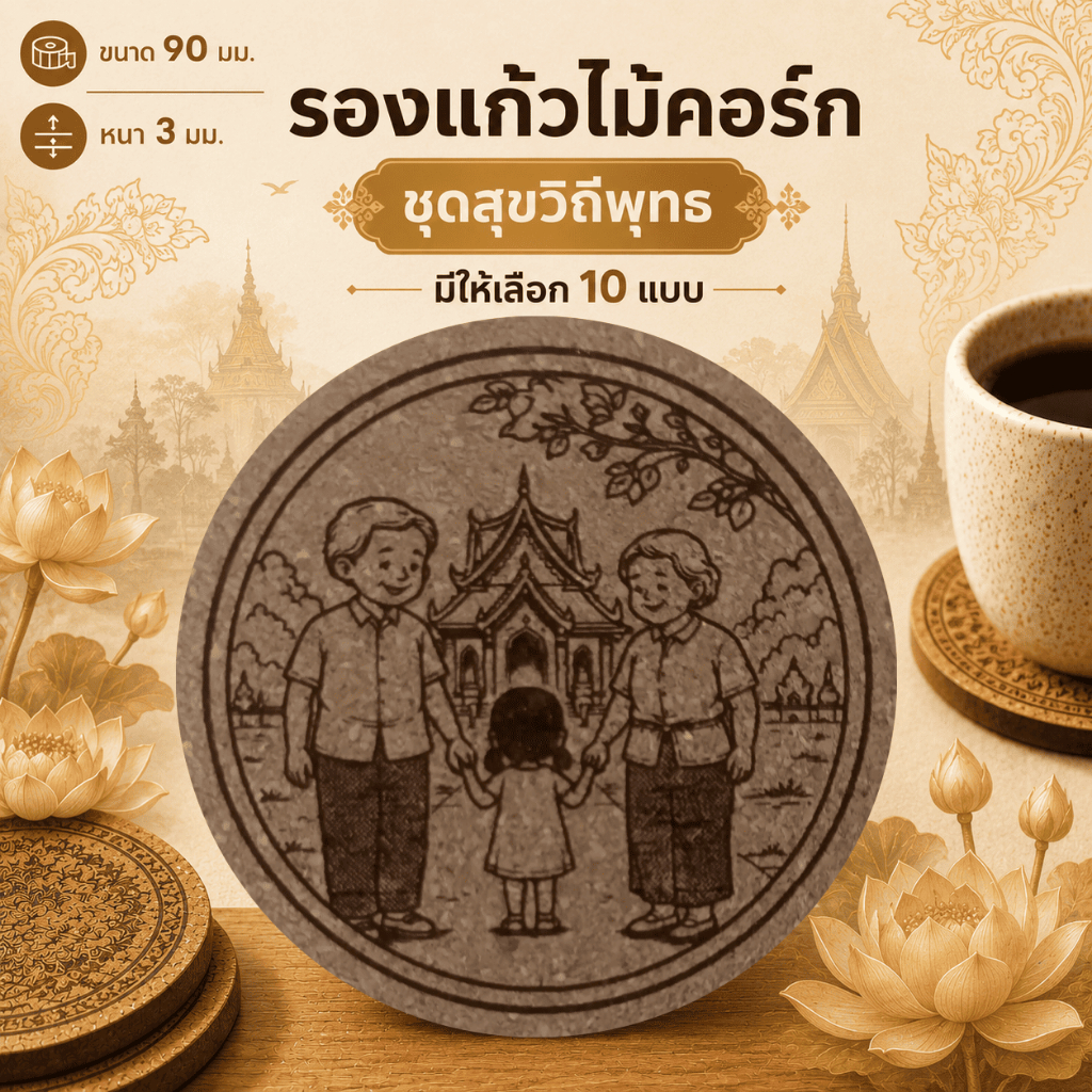 ที่รองแก้วไม้คอร์ก[ลายสุขวิถีพุทธ]