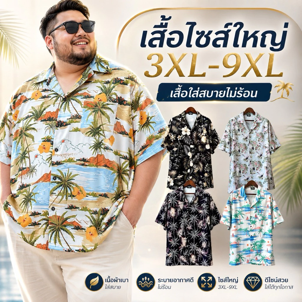 เข้าใหม่ ! เสื้อบิ๊กไซส์ ฮาวายอก 52-64“ ผ้าใส่สบายไม่ยับไม่หด