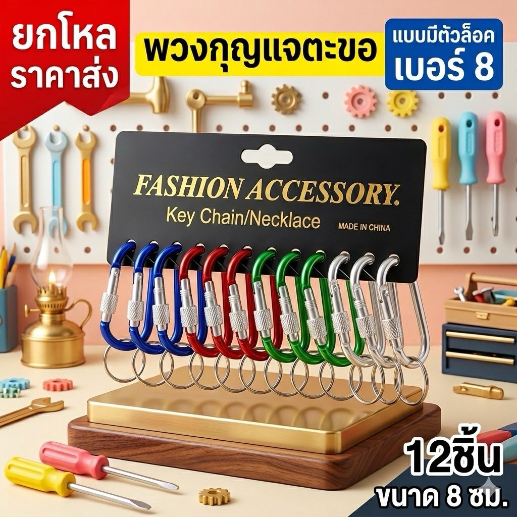 ยกโหล พวงกุญแจตะขอแบบล็อคคละสี มี 3 ขนาด ราคาส่ง F009