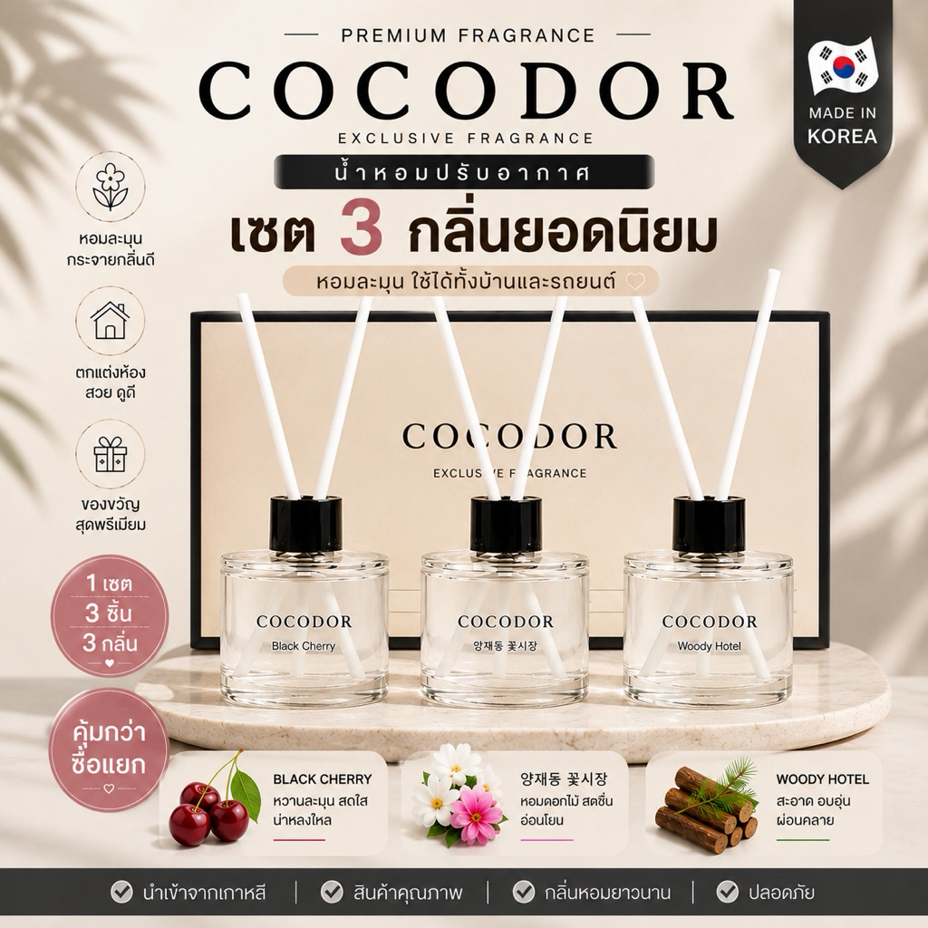 พร้อมส่ง🇰🇷 COCODOR เซต 3 กลิ่นขายดี หอมละมุน ใช้ได้ทั้งบ้านและรถ ของแท้ 100%