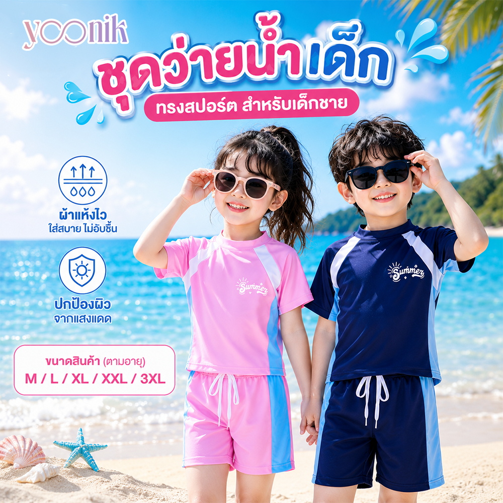 ชุดว่ายน้ำเด็กชาย แบบแยกชิ้น แห้งไว ใส่สบาย ชุดเล่นเซิร์ฟเด็ก M-3XL ลายน่ารัก