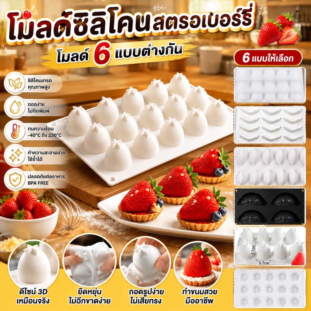 โมลด์ซิลิโคนสตรอเบอร์รี่ 15 หลุม Food Grade เกรดอาหาร พิมพ์มูสเค้ก ช็อกโกแลต เจลลี่ ไอศกรีม เบเกอรี่ DIY ถอดง่าย ทนร้อน