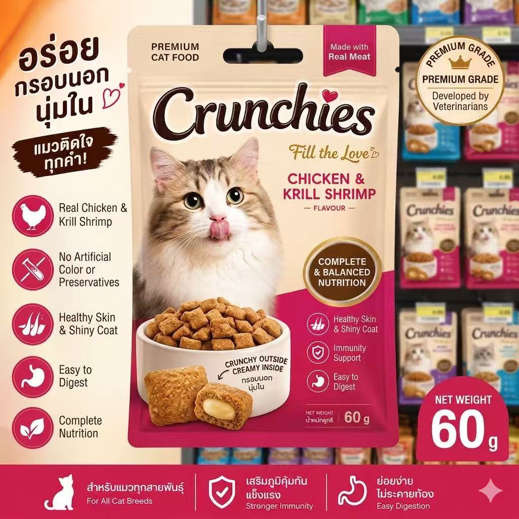 Flash Sale Korean Crunchies ขนมแมว พัฟกรอบนอก นุ่มใน ประโยชน์เต็มเม็ด อร่อยเต็มคำ 60g พร้อมส่ง