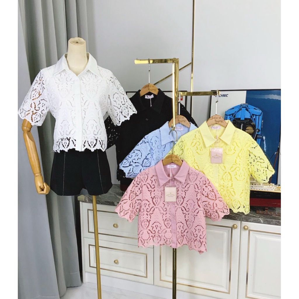 เสื้อครอปลูกไม้คอปกแขนสั้น