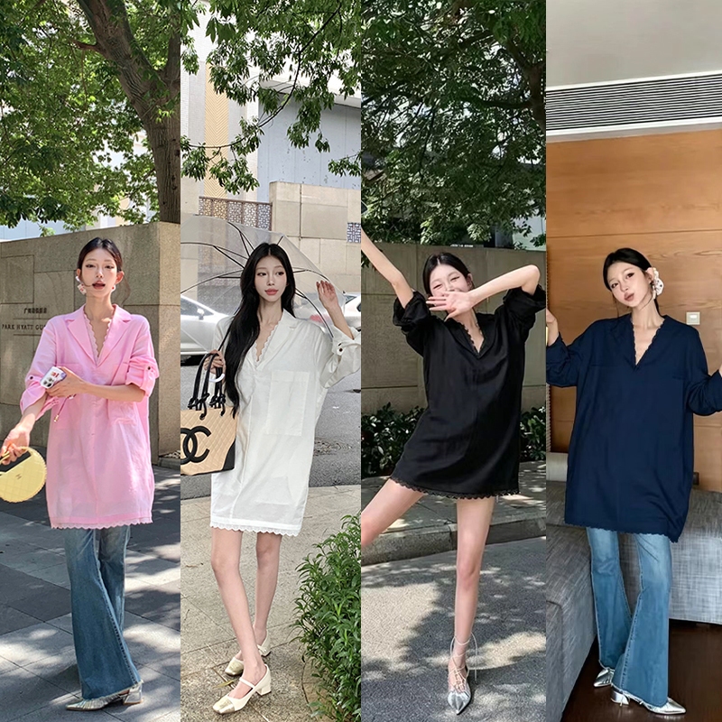 Grace เสื้อลูกไม้ทรงคอหยัก เสื้อแขนยาว เสื้อเชิ้ตผ้าฝ้ายทรงหลวมความยาวปานกลาง W520
