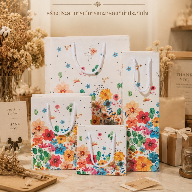 ถุงของขวัญลายดอกไม้สีน้ำมัน มี4ขนาดให้เลือก กระดาษหนาพิเศษ หูเชือกผ้าฝ้ายแข็งแรง เหมาะสำหรับงานแต่ง ของชำร่วย และของขวัญ
