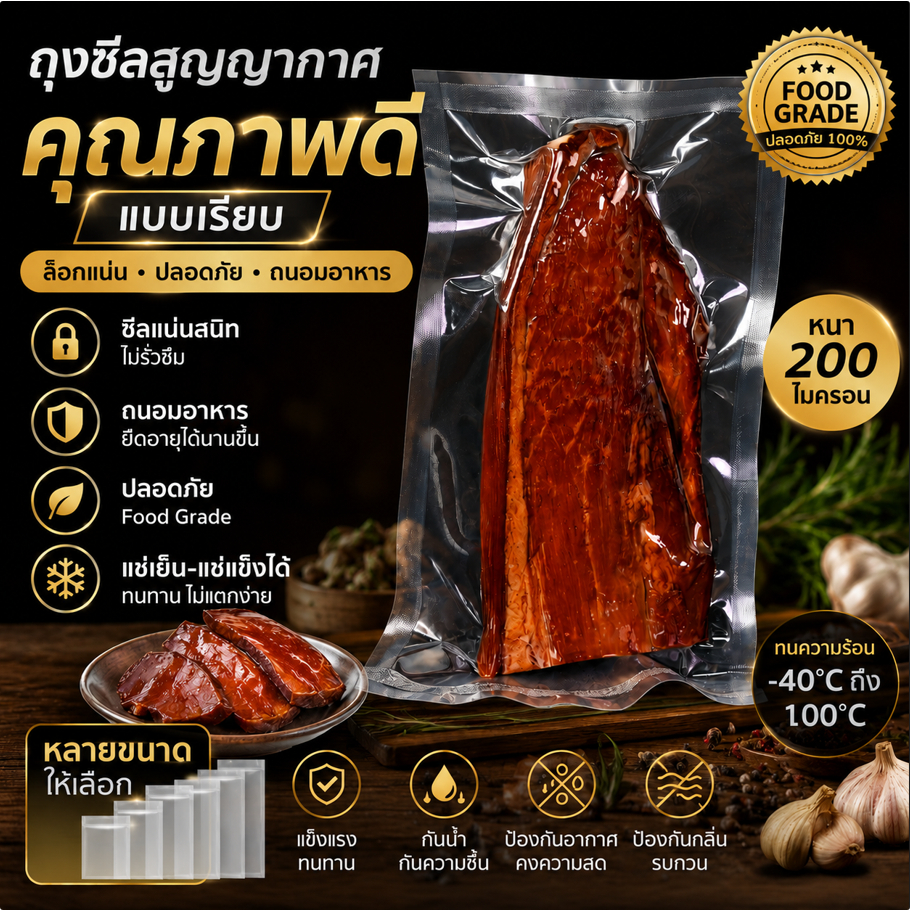 ส่งฟรี ถุงซีลสุญญากาศ แบบเรียบ ถุงแวคคั่ม หนา 200 ไมครอน แพกละ 100 ใบ