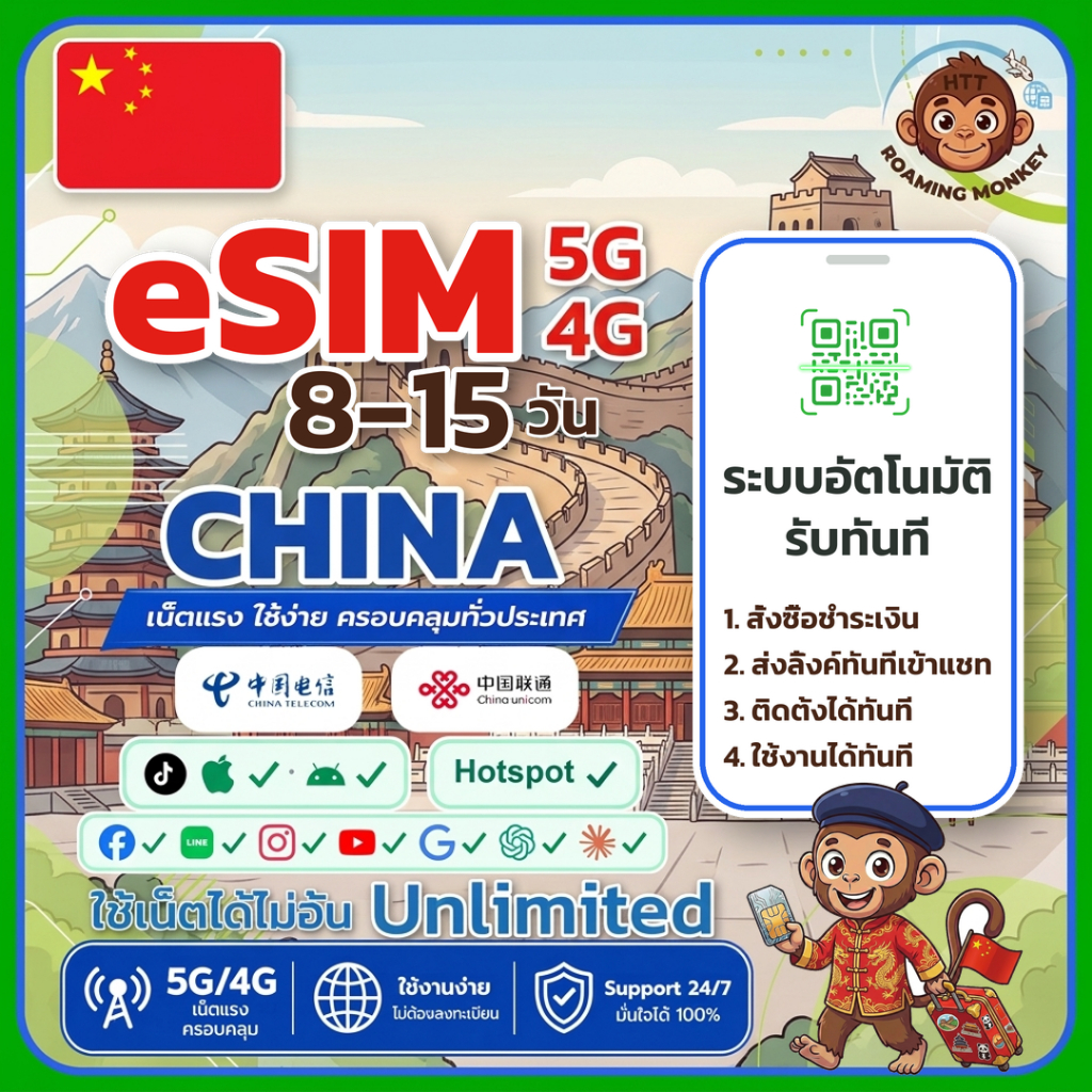 [eSIM] China 4G/5G 8-15 วัน ซิมเดินทาง ท่องเที่ยว จีน เครือข่าย Unicom Telecom โดย RoamingMonkey