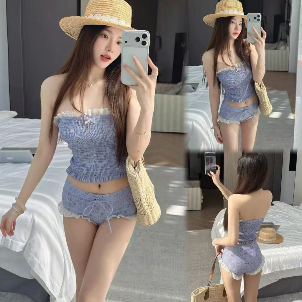🌸Swift Bra🌸ชุดว่ายน้ำ 2 ชิ้น ชุดว่ายน้ำแบบไม่มีสายรัด ระบายลูกไม้สีม่วงอ่อน รุ่นใหม่ ด้วยฟองน้ำ