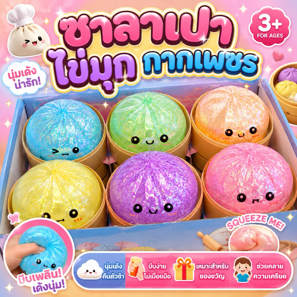 พร้อมส่ง 🇹🇭 ซาลาเปาสกุชชี่กลิตเตอร์  ของเล่นสกุชชี่ซาลาเปา แบบสุ่ม1ชิ้น นุ่มเด้ง บีบสนุก ของเล่นบีบคลายเครียดสุดฮิต