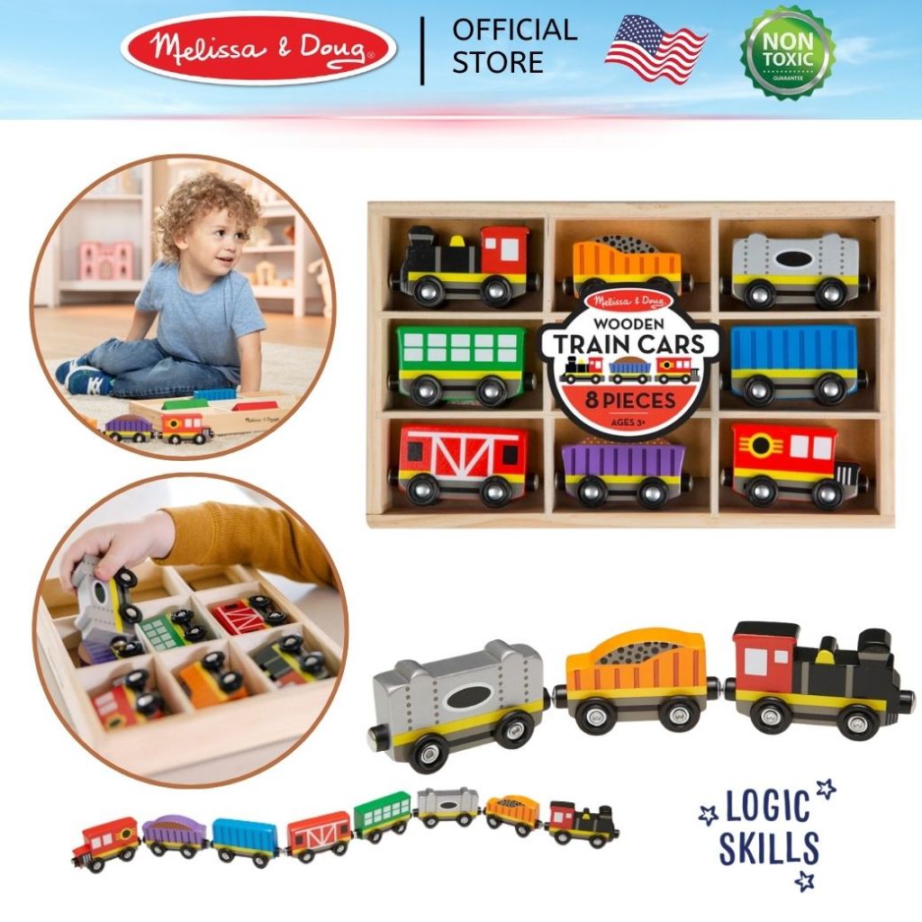 (ของแท้ USA) รถไฟไม้ 8 คัน แม่เหล็กหน้าหลัง ต่อขบวน กล้ามเนื้อมัดเล็ก อย่างดี Magnetic Wooden Train Car Melissa & Doug