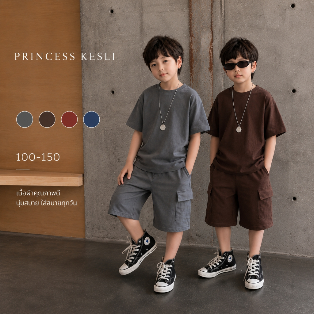 PRINCESS KESLI เสื้อผ้าเด็กผู้ชายเท่ๆ สไตล์มินิมอล เสื้อยืดคอกลม+กางเกงคาร์โก้ขาสั้นเด็กผู้ชาย ผ้าฝ้ายแท้ ชุดเด็กผู้ชาย