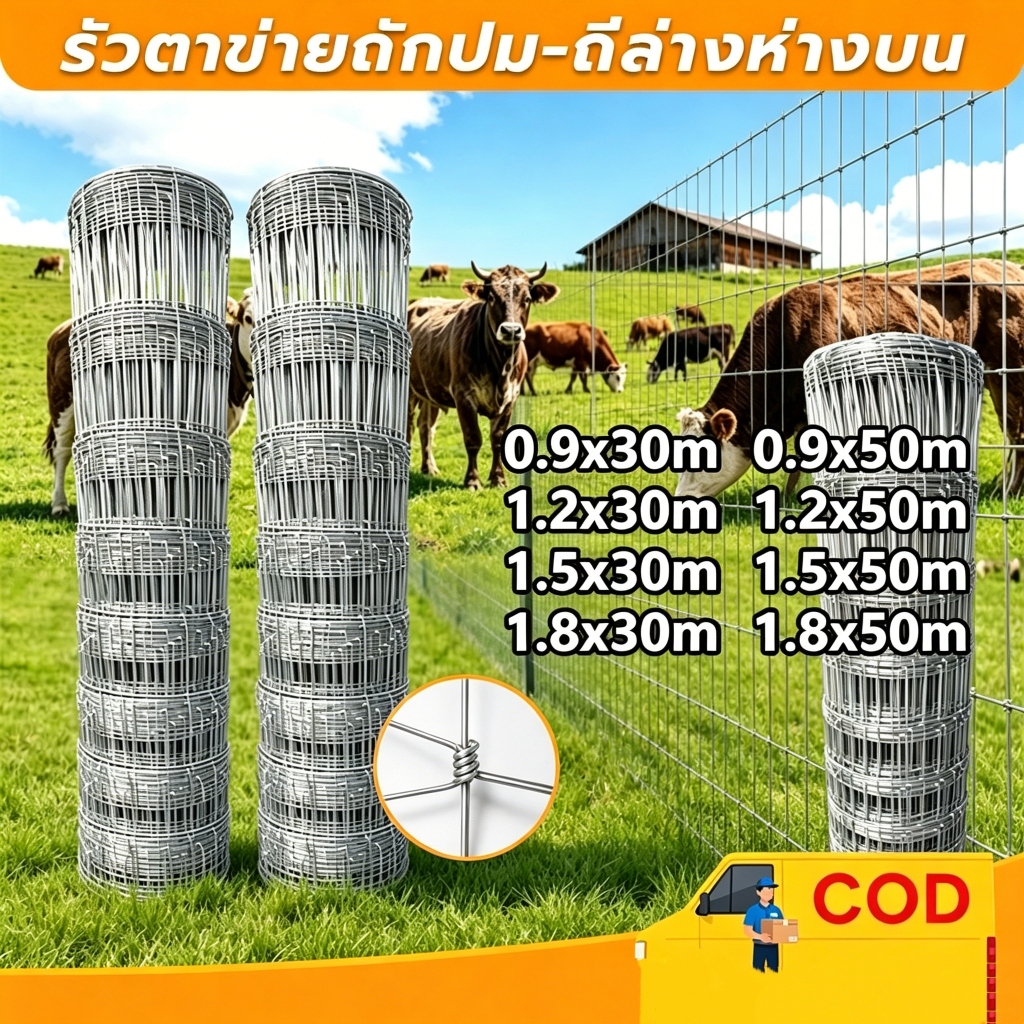🔥รับประกัน 50ปี+🔥รั้วถักปม รั้วตาข่ายแรงดึง ยาว50m ไม่เกิดสนิม ลวดตาข่ายถักปม ลวดล้อมคอกม้า วัว แพะ ตาข่าย