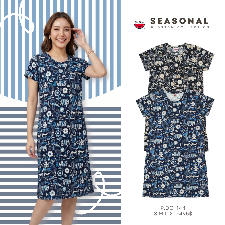 เสื้อแตงโม (SUIKA) - เสื้อแตงโม เดรสผ้ายืดคอกลม พิมพ์ลาย ( P.DO-022 196 322 144 167 )