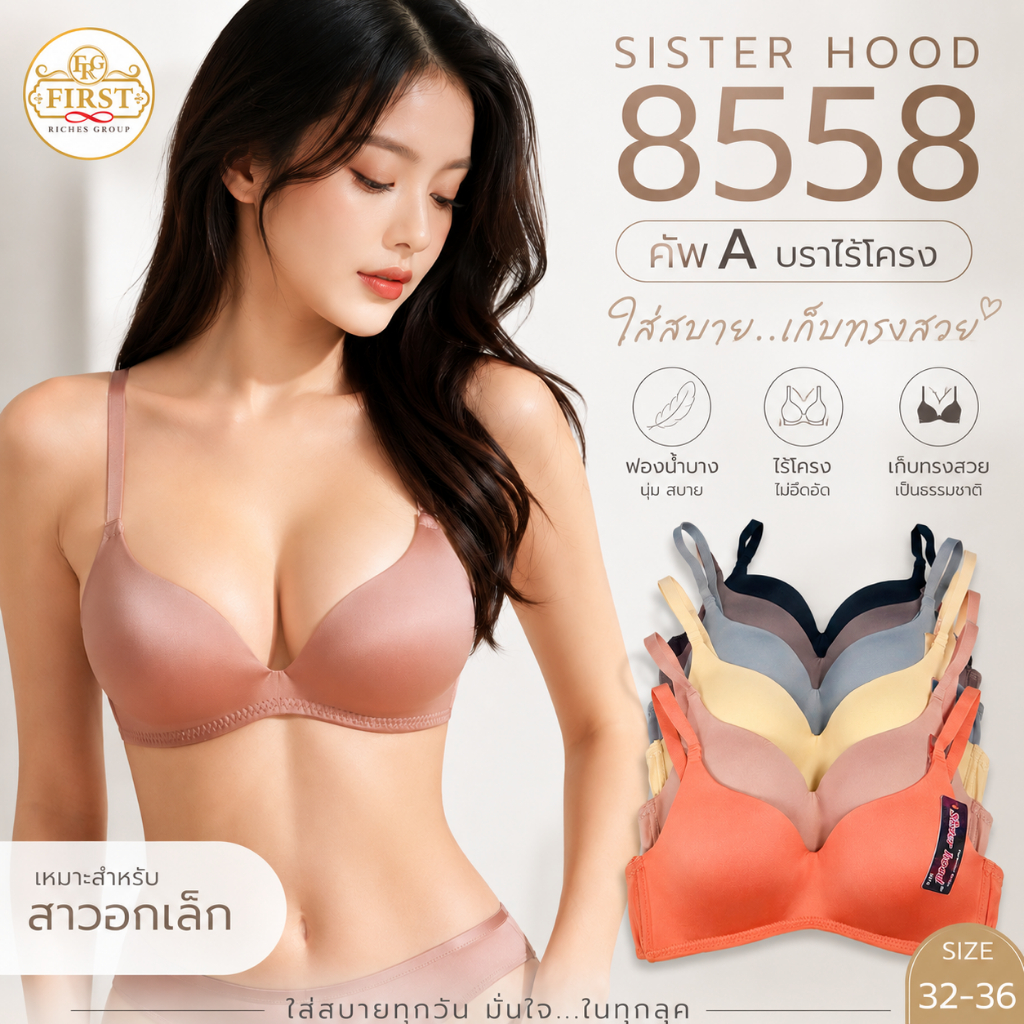 เสื้อใน sister hood 8558 (คัพ A) ไม่มีโครง ฟองบาง บราไร้โครง เต้าตื้น สำหรับสาวอกเล็ก พร้อมส่งทันที