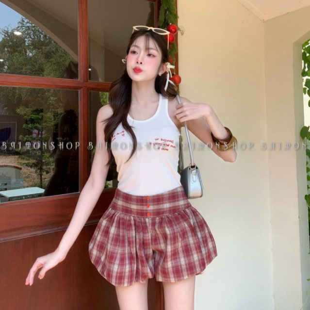 MNV STUDIO  กางเกงทรงบอลลูน ผ้าลายสก๊อต กางเกงขาสั้น