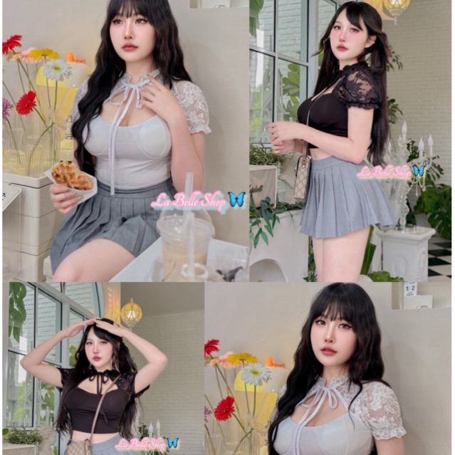 MNV STUDIO พร้อมส่ง เสื้อแขนตุ๊กตาเสริมฟอง แต่งลูกไม้ ดีเทลเว้าอกสุดแช่พรุ่ง
