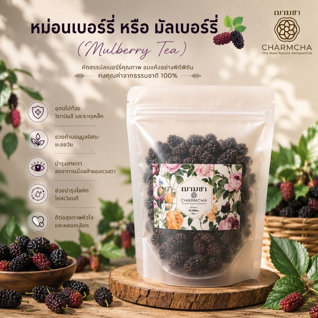 หม่อนเบอร์รี่ หรือ มัลเบอร์รี่ (Mulberry Tea) ชาผลไม้ ทานเล่นแต่งขนมได้เลยค่ะ ผลคัดพิเศษ ชาดอกไม้ ชาผลไม้ Charmcha ฌามชา