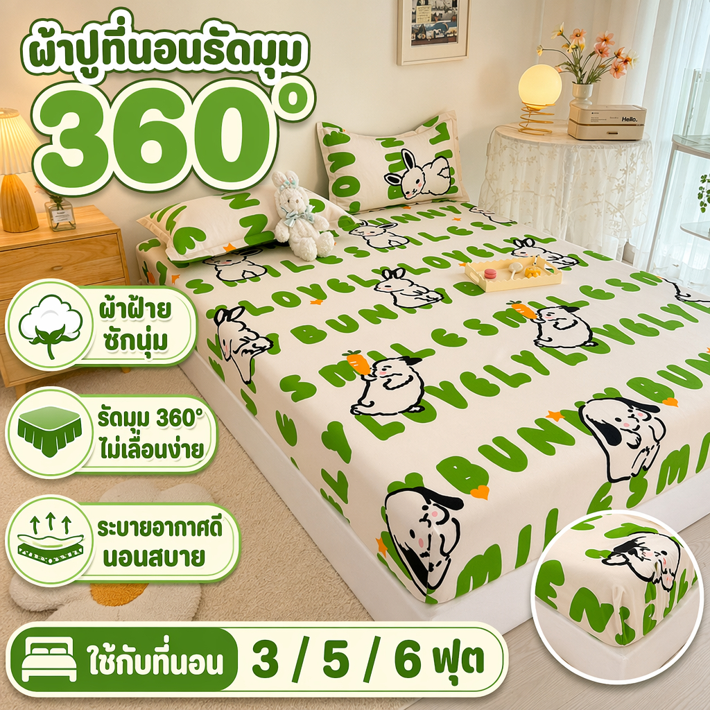 ผ้าปูที่นอนรัดมุม 360° กันไรฝุ่น ผ้านุ่มสบาย ระบายอากาศดี ขนาด 3 ฟุต 5 ฟุต 6 ฟุต พร้อมส่ง