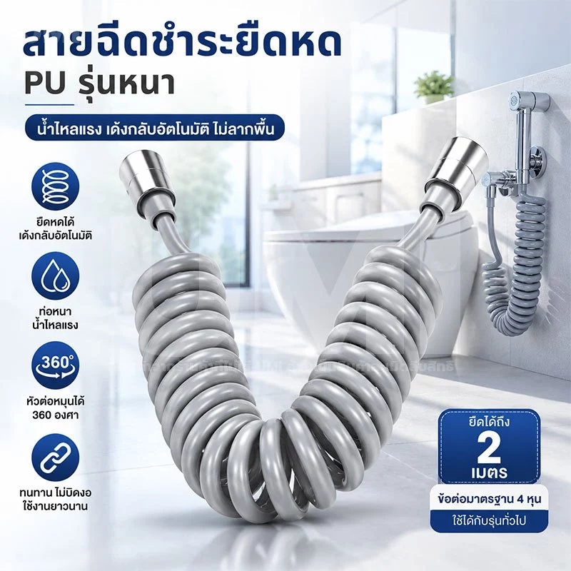 สายฉีดชำระแบบสปริง 2M สายยืดหดได้ วัสดุ PU หนาพิเศษ น้ำไหลแรง ไม่เกะกะพื้นที่ สำหรับชักโครก