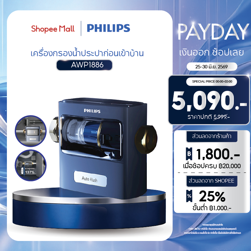 Philips water AWP1886 ตัวกรองน้ำประปา มีระบบล้างแบบย้อนกลับอัตโนมัติ การกรอง 2 ขั้นตอน ติดตั้งได้ทั้งแนวตั้งและแนวนอน