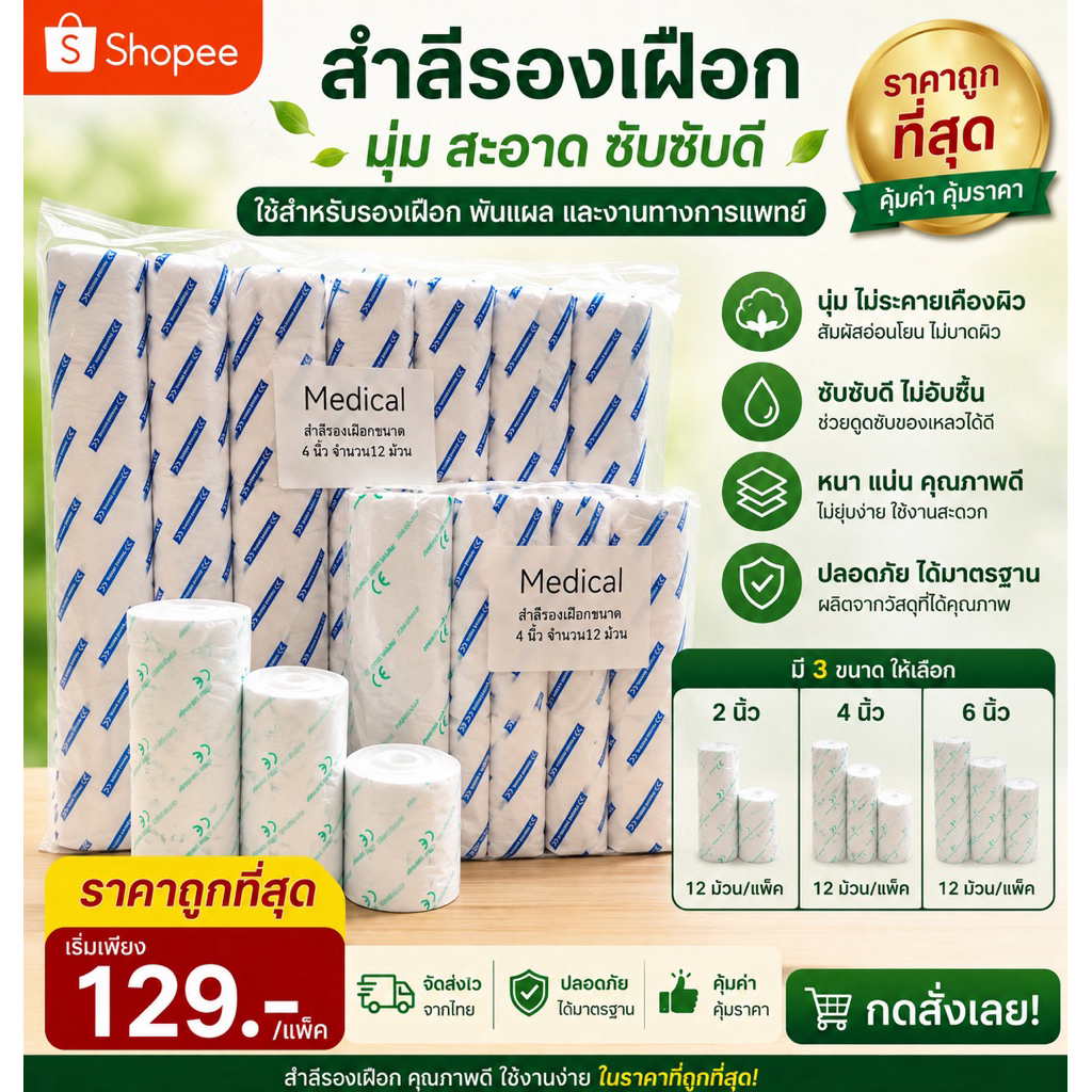สำลีรองเฝือก ขนาด 4 นิ้ว 12 ม้วน/ขนาด 6นิ้ว 12 ม้วน