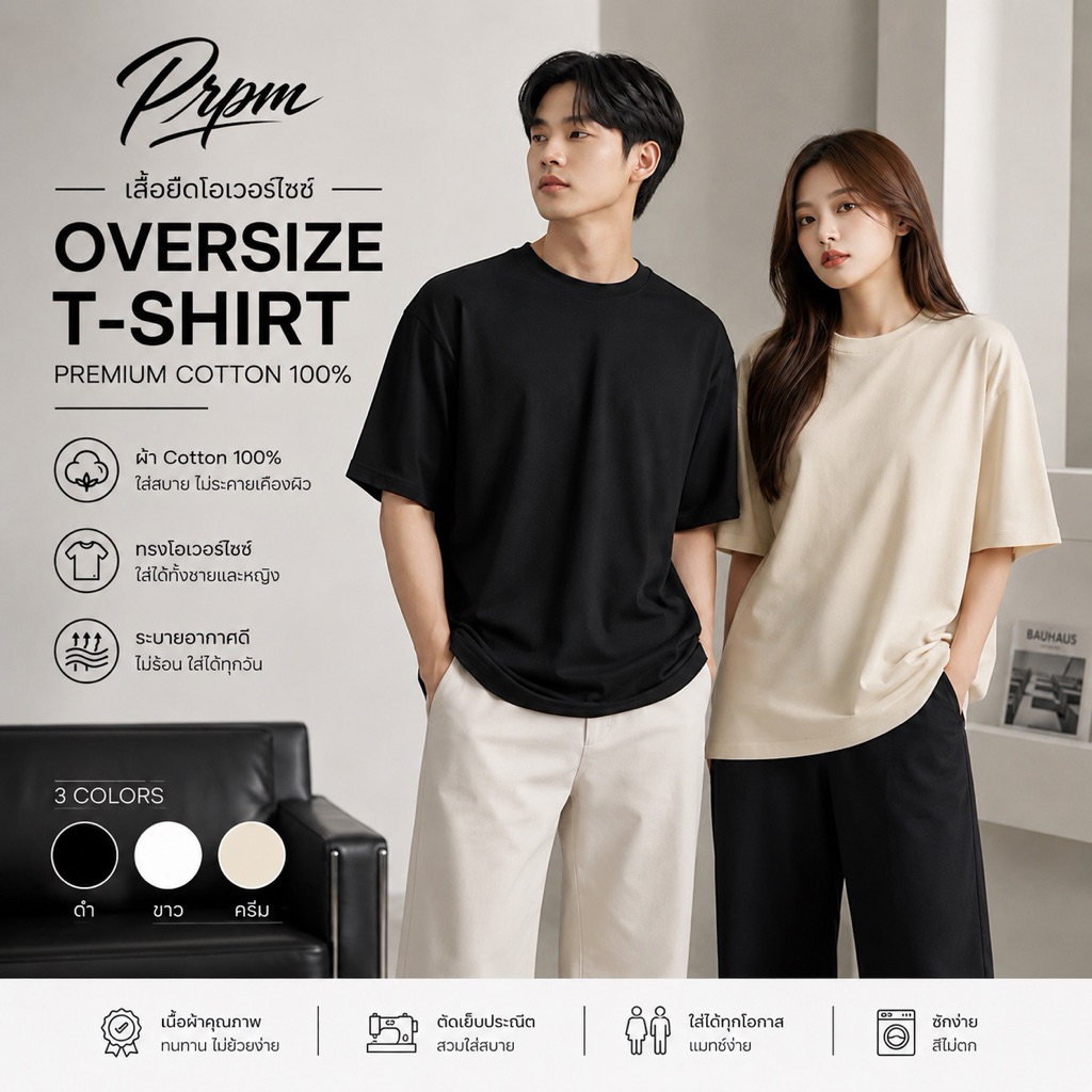 พร้อมส่ง เสื้อยืดโอเวอร์ไซซ์ PRPM Cotton 100% เสื้อยืดคอกลม Unisex เสื้อยืดสีพื้น ผู้ชาย ผู้หญิง สีดำ สีขาว สีเบจ ✨